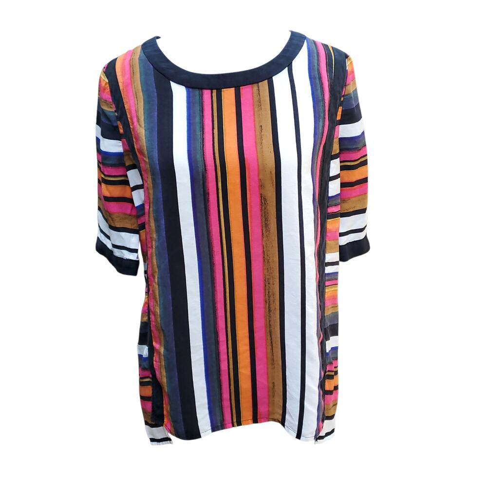 Trina Turk Striped Silk Top Short Sleeve Retro Dopamine Resort Orange Pink Sz XS
